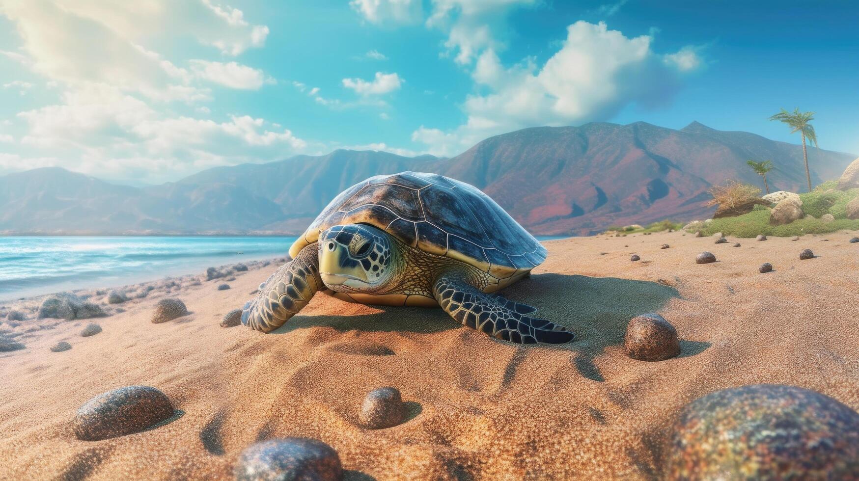 Sea turtle crawling on the sandy beach. Illustration photo