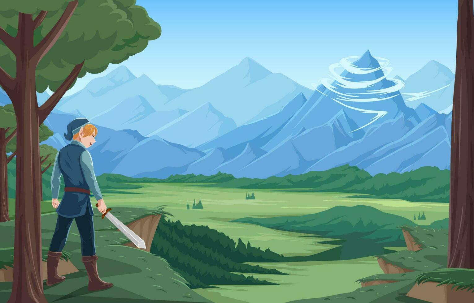 Adventure of Elf With Legendary Sword Background vector