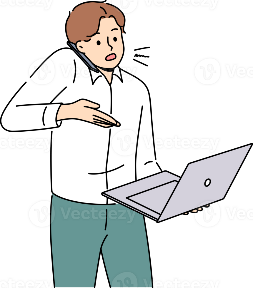 Busy businessman work on laptop talk on phone png