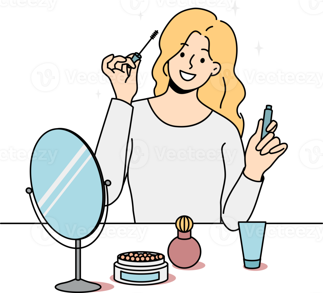 Smiling girl doing makeup looking in mirror png