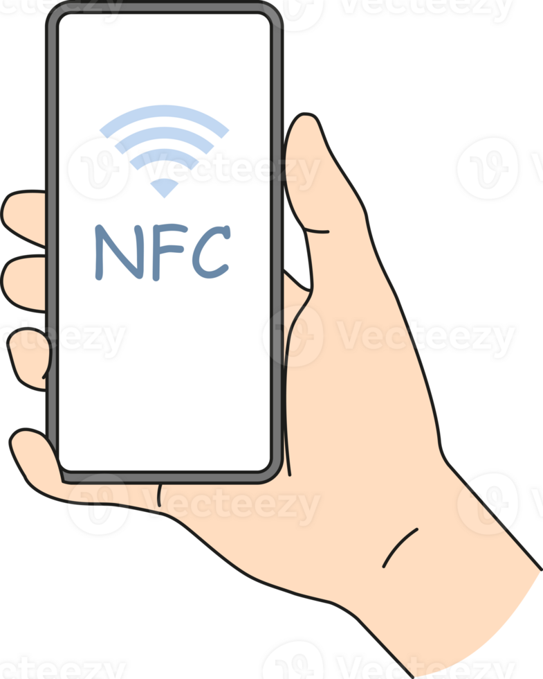 Person halten Handy mit nfc auf Bildschirm png