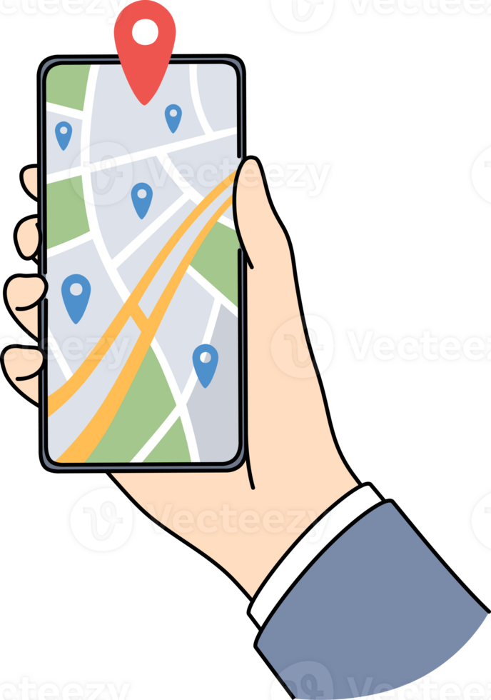 Person holding mobile with GPS tracker on map png