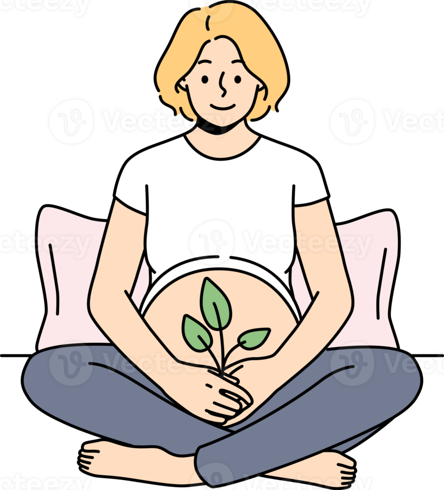 Pregnant woman hold plant at belly png