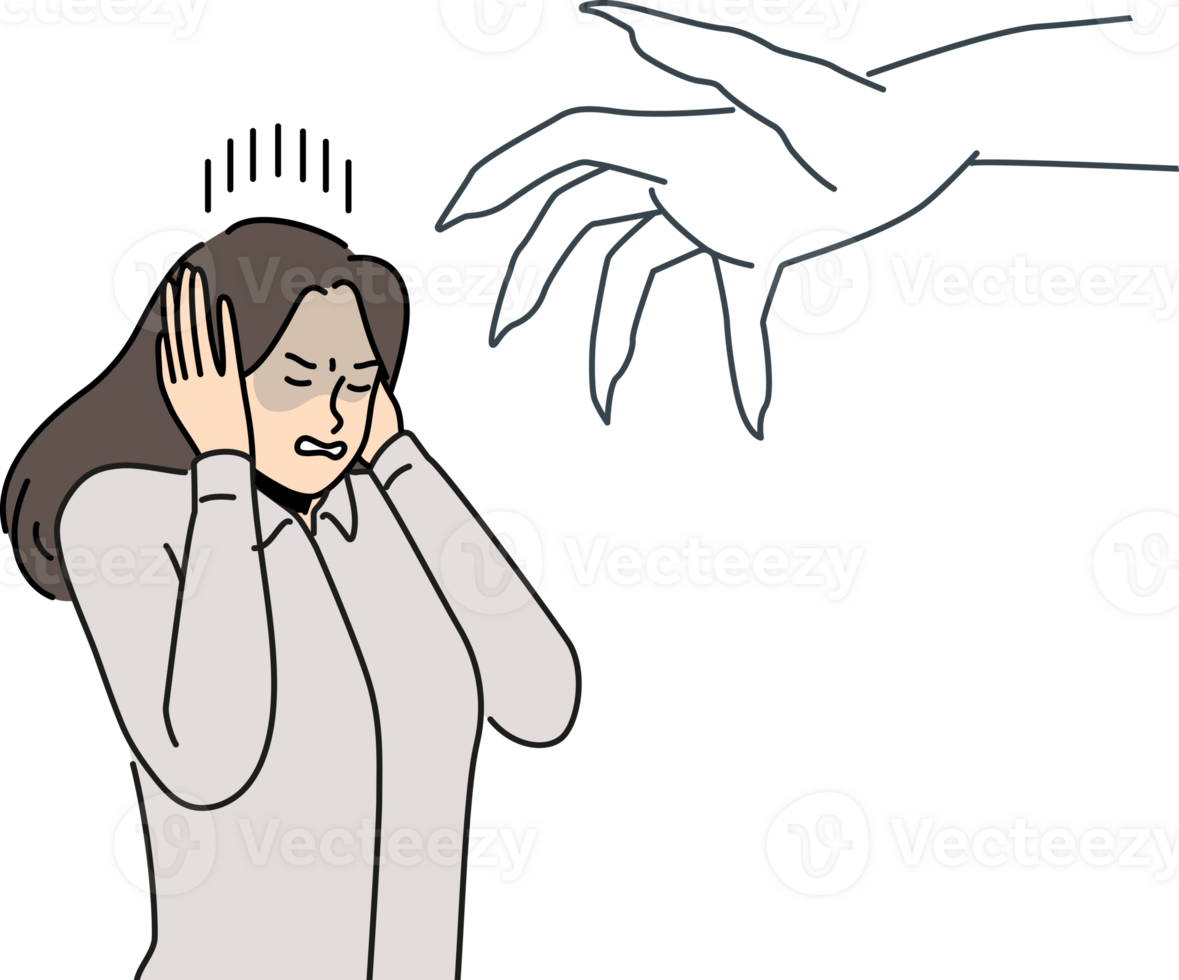 Businesswoman scared of huge hand png