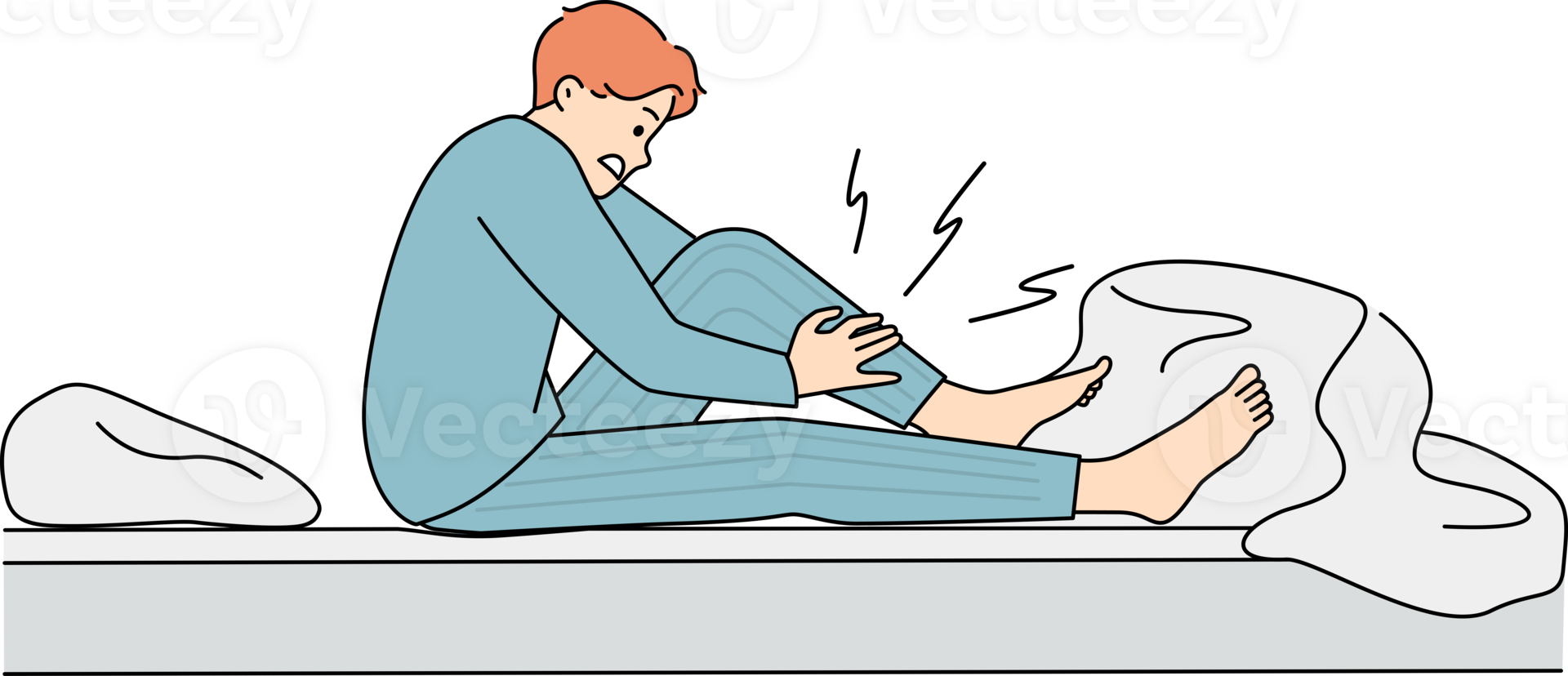 Unwell man in bed suffer from leg cramp 24501438 PNG