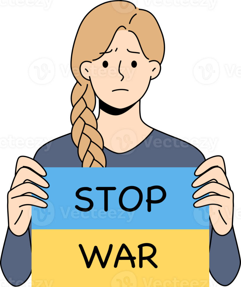 Sad girl hold banner with Stop war text png