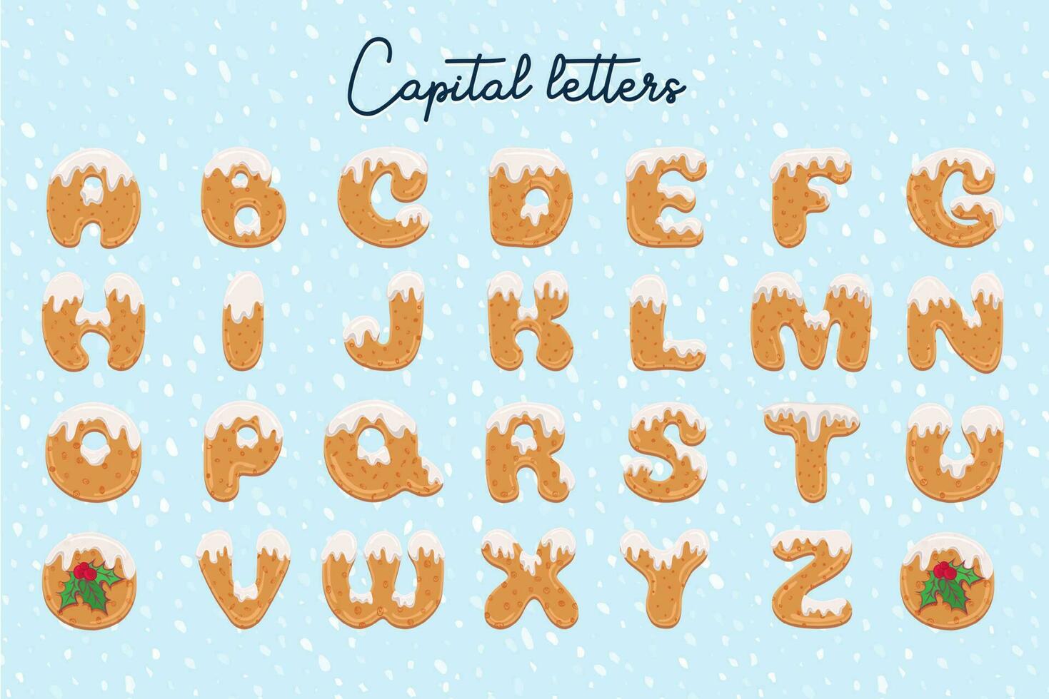 Handmade Christmas gingerbread cookies alphabet set. Cartoon style font. Art design letter. Festive lettering greeting card on winter snow background vector