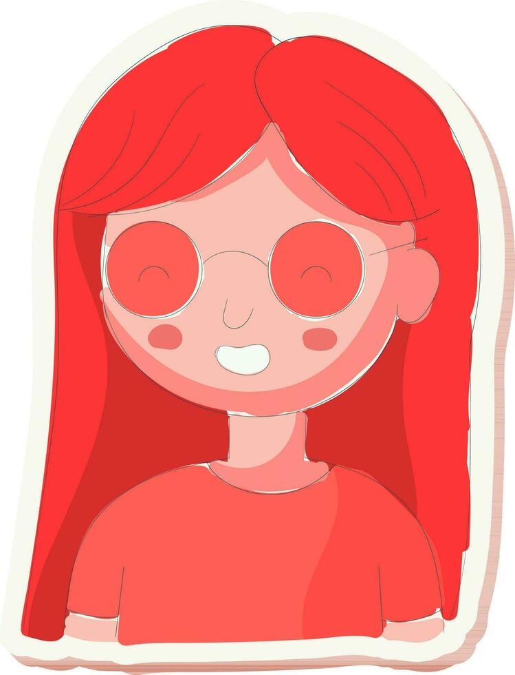 pegatina estilo gafas vistiendo joven niña personaje icono en rojo color. vector