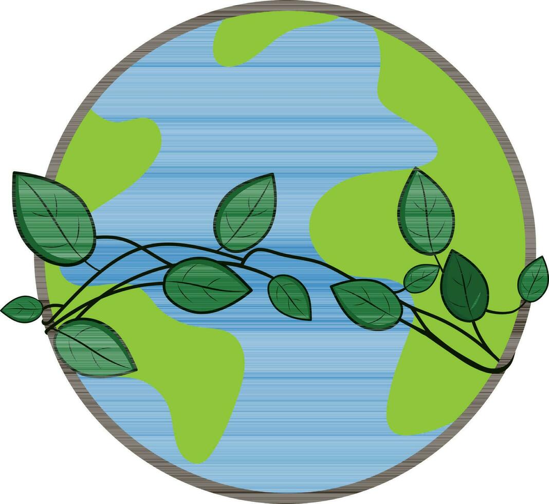 Earth Planet Surrounded Leaves Element In Flat Style. vector