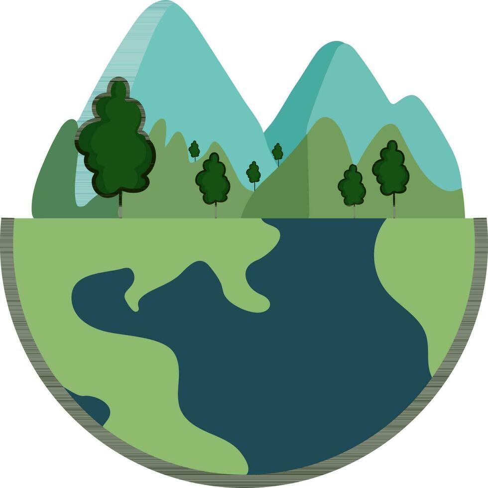 plano estilo montañas y arboles en tierra icono. vector