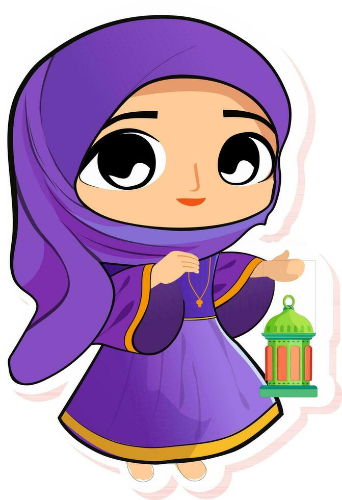 Sticker Style Young Muslim Girl Holding Lantern Element In Standing Pose. vector