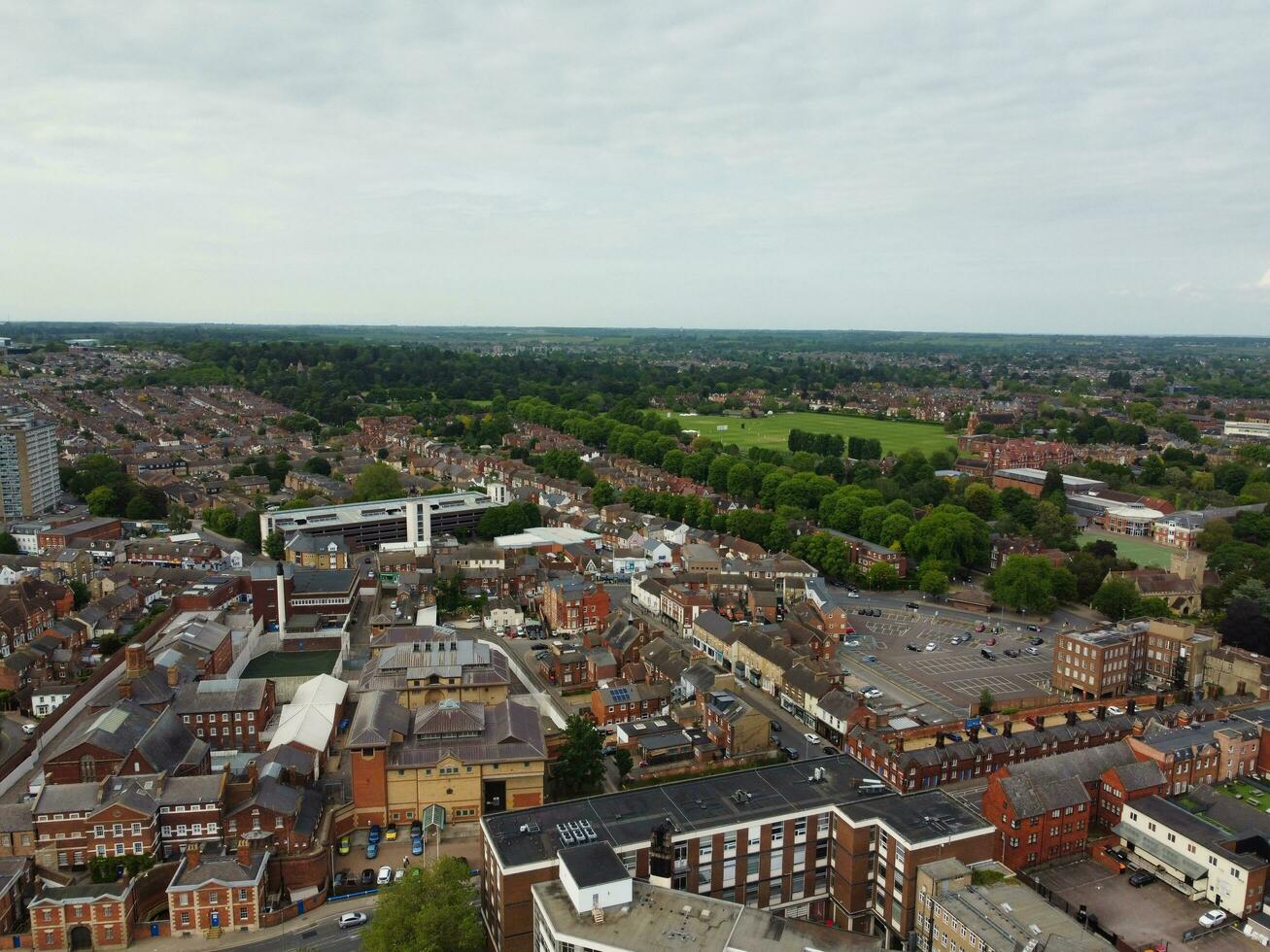 Gorgeous Aerial View of Central Bedford City of England Great Britain of UK. The Downtown's photo Was Captured with Drone's Camera from Medium Altitude from River Great Ouse on 28-May-2023.