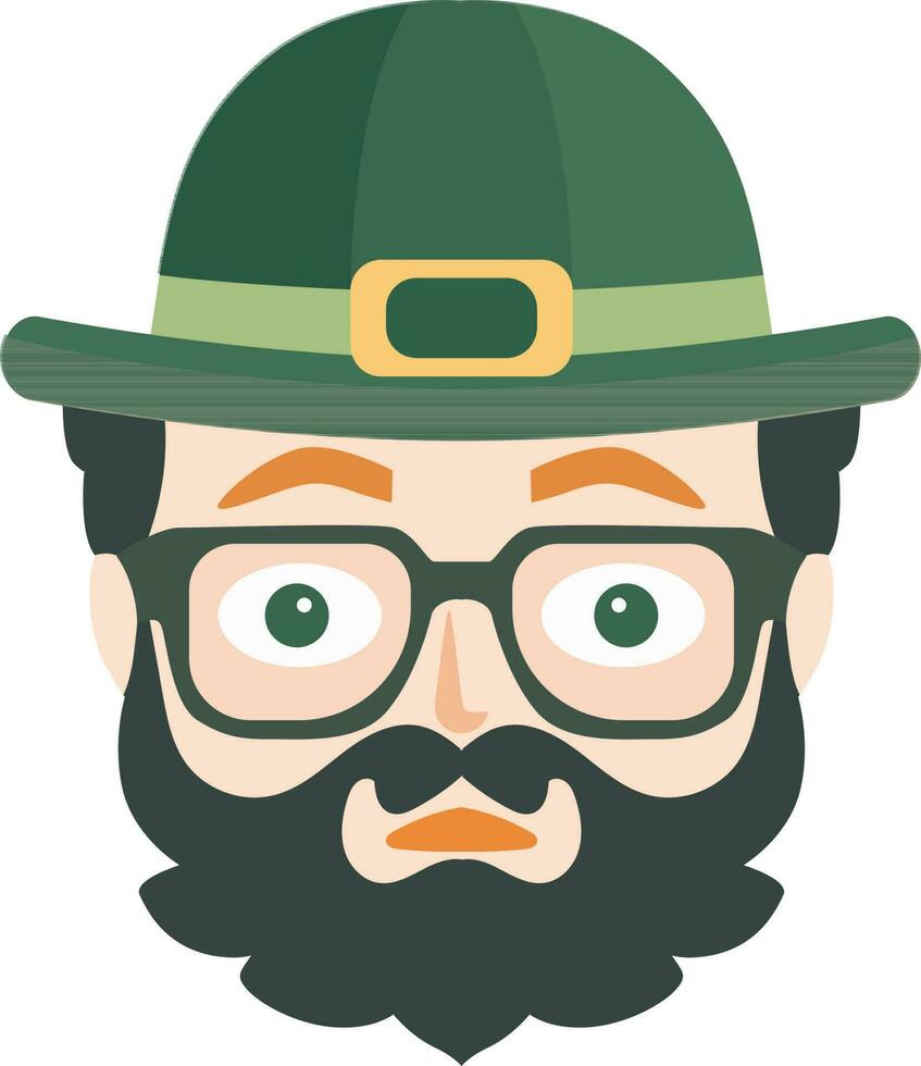 Beard Leprechaun Man Face Wearing Eye Glasses And Bowler Hat Icon In Flat Style. vector