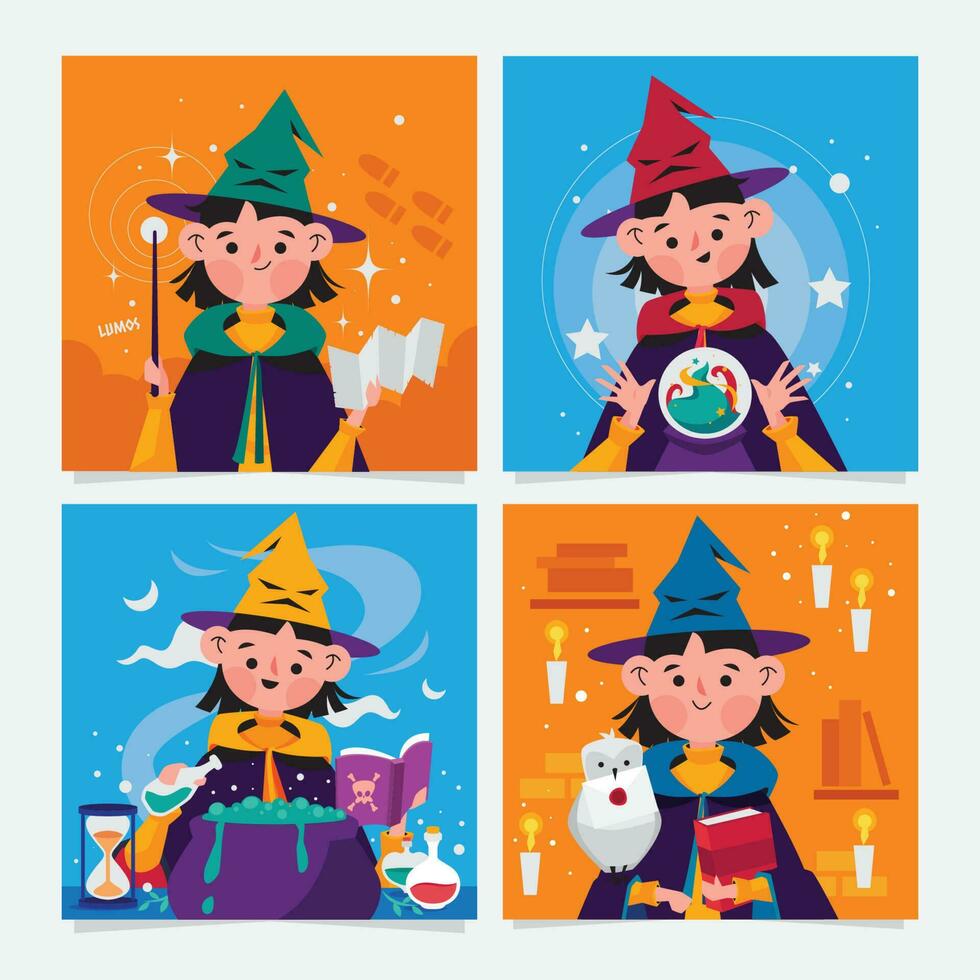 linda pequeño niña haciendo magia vector