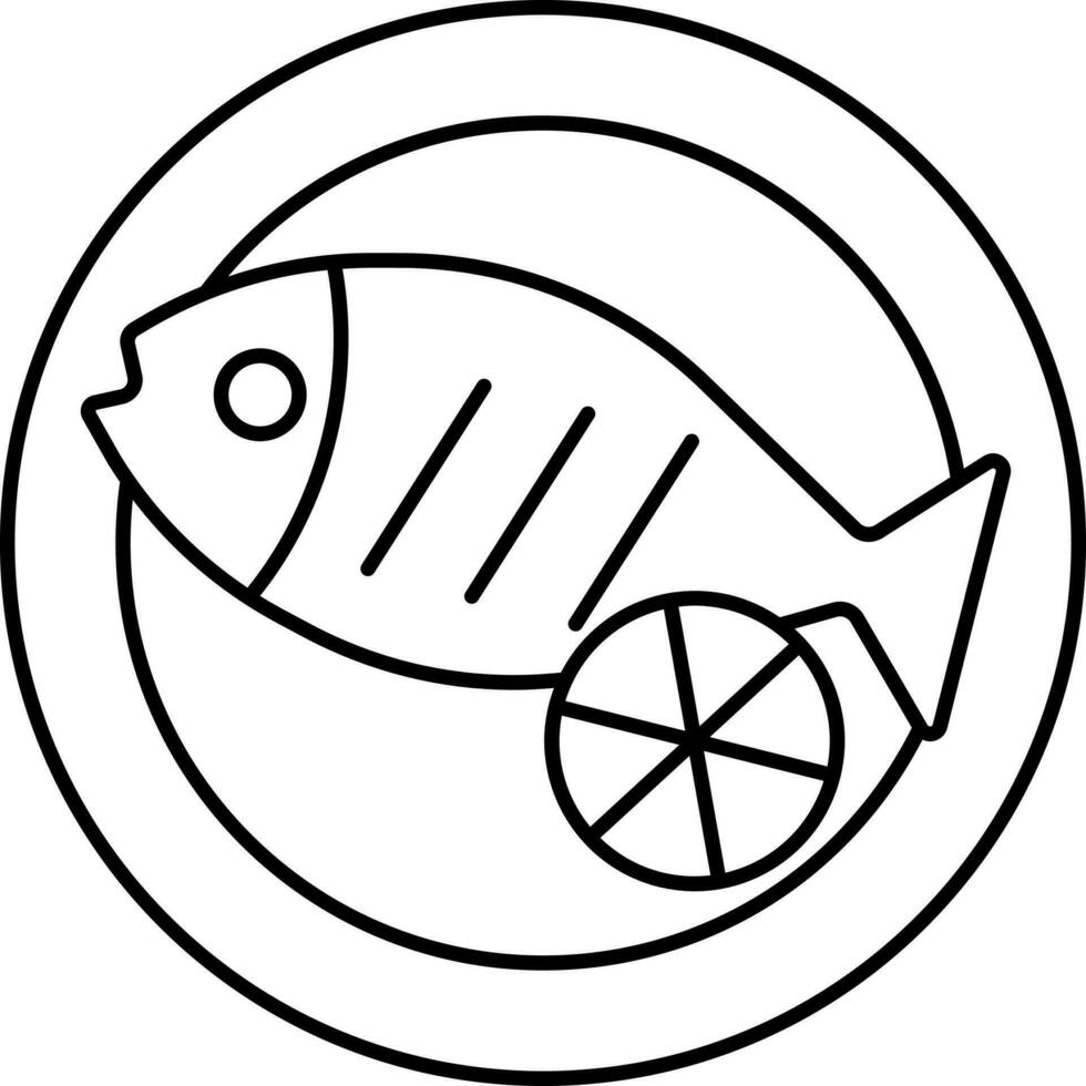 Fry Fish With Lemon On Plate Icon In Black Stroke. vector