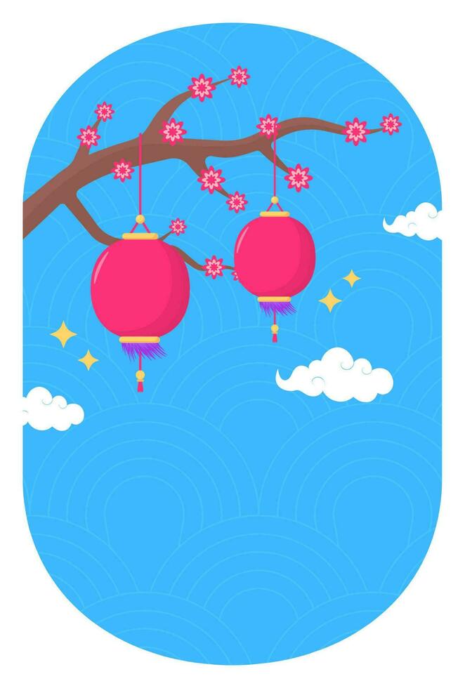 Hanging Chinese Lantern With Sakura Flowers Branch And Clouds In Blue Semi Circles Oval Background. vector
