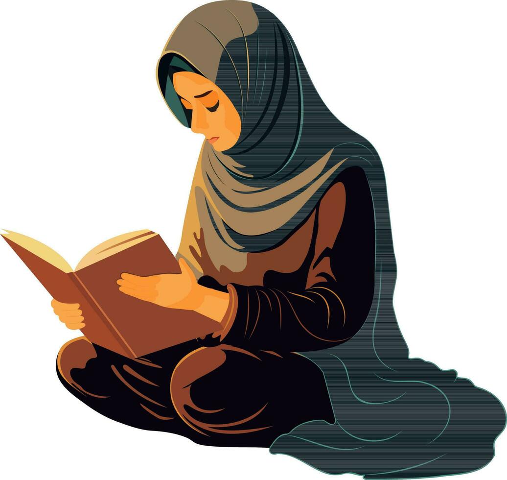Illustration of Young Muslim Woman Reading Quran Book In Sitting Pose. vector