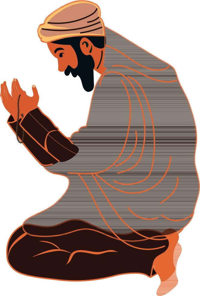 Young Muslim Man Character Holding Tasbih In Sitting Pose. vector