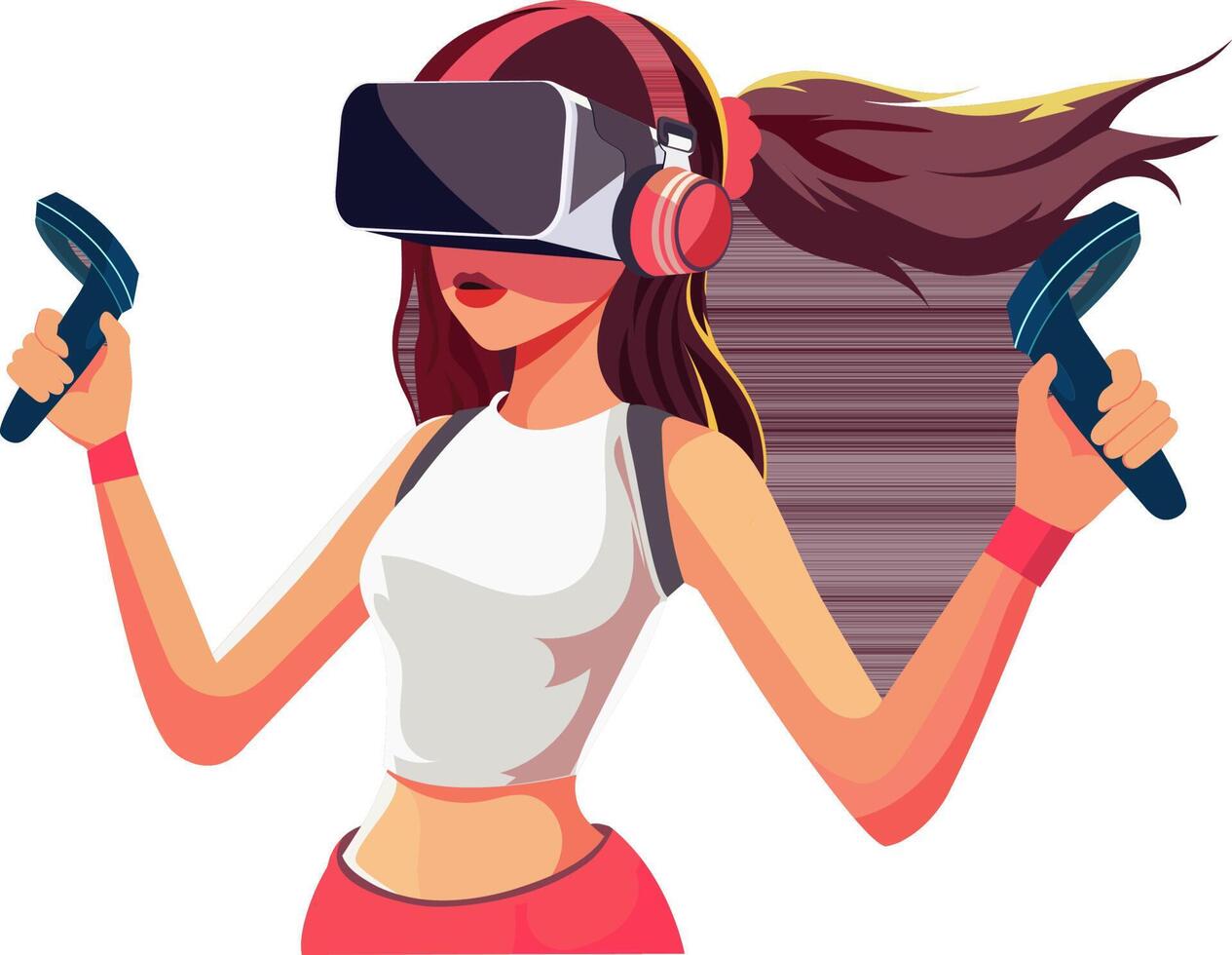 Adorable Character of Young Girl Wearing VR Headset With Hold Controllers. Illustration. vector