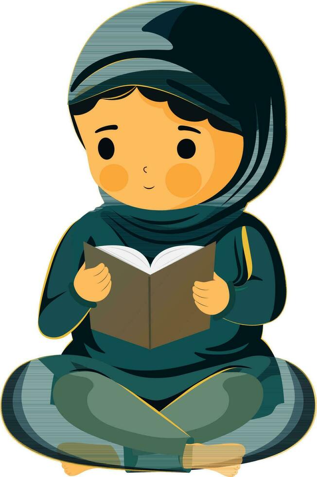 Illustration of Young Muslim Woman Reading Quran Book In Sitting Pose. vector