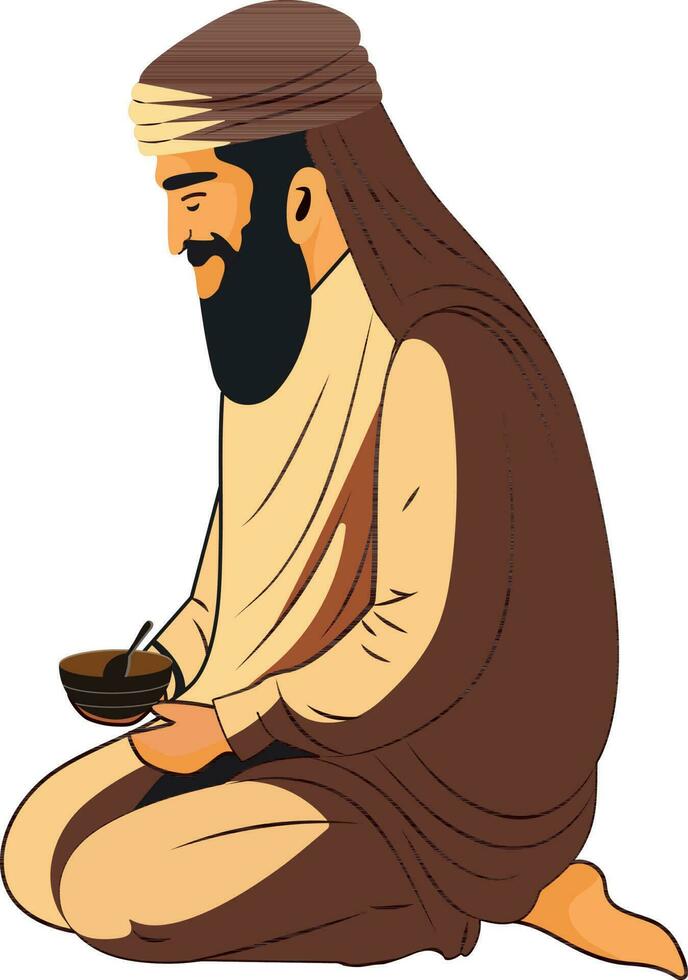 Beard Arab Man Holding Bowl With Spoon Icon In Sitting Pose. vector