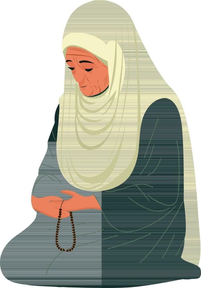 Old Muslim Woman Character Holding Tasbih In Sitting Pose. vector