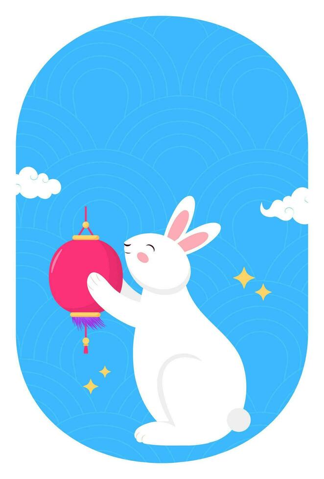 Cartoon Bunny And Rabbit Holding Lantern With Clouds In Blue Semi Circles Oval Frame And Copy Space. vector