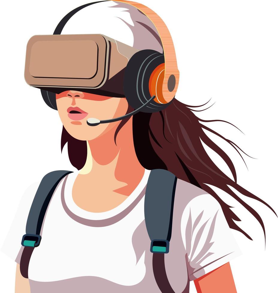 adorable joven niña personaje vistiendo vr auriculares. generativo ai ilustración. vector