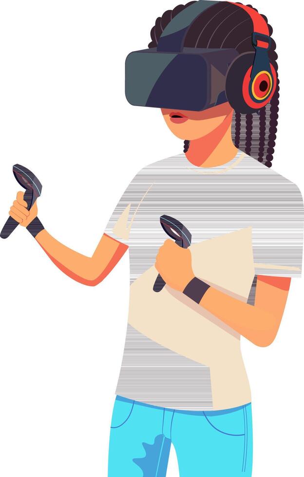 Adorable Character of Young Girl Wearing VR Headset With Hold Controllers. Illustration. vector