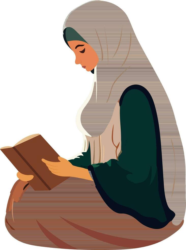 ilustración de joven musulmán mujer leyendo Corán libro en sentado pose. vector