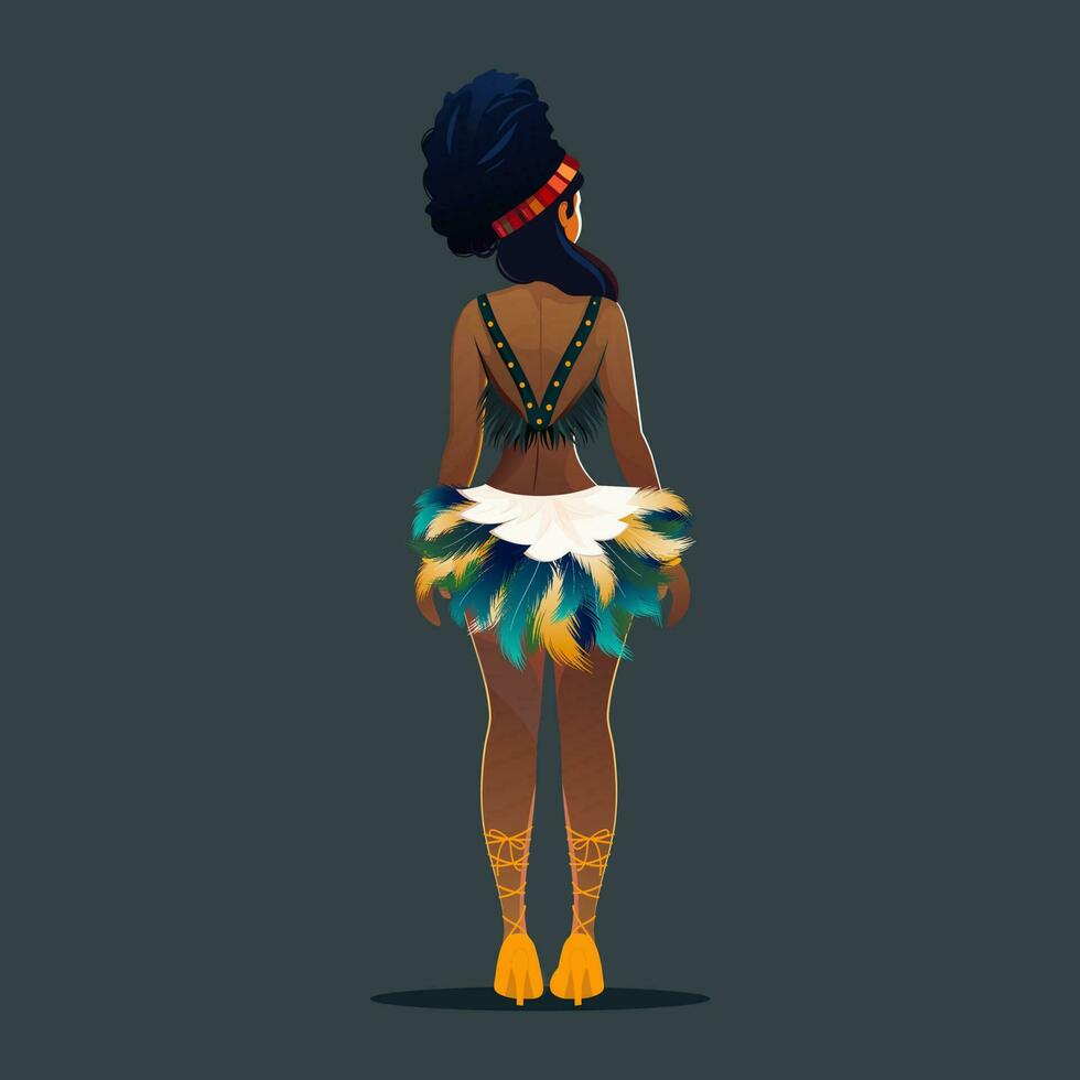 Back view of Feather Headdress Wearing Brazilian Female Character In Standing Pose. Carnival Or Samba Dance Concept. vector