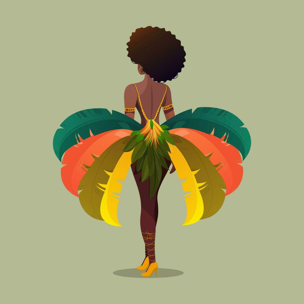 Back view of Feather Headdress Wearing Brazilian Female Character In Standing Pose. Carnival Or Samba Dance Concept. vector