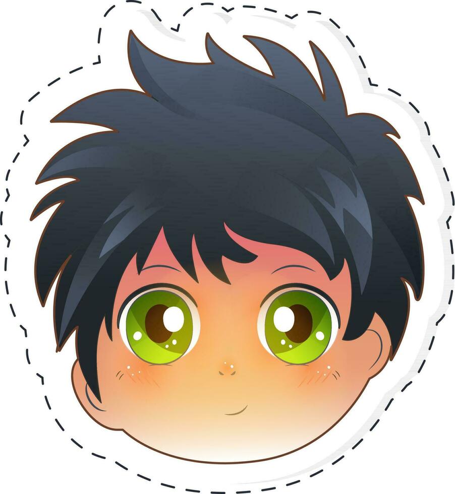 ilustración de manga chico con verde ojos en pegatina o etiqueta. vector