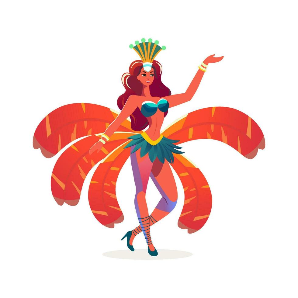 hermosa joven hembra vistiendo pluma disfraz en bailando pose. carnaval o samba danza concepto. vector
