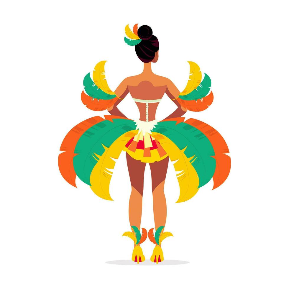 espalda ver de hermosa joven hembra vistiendo pluma disfraz en en pie pose. carnaval o samba danza concepto. vector