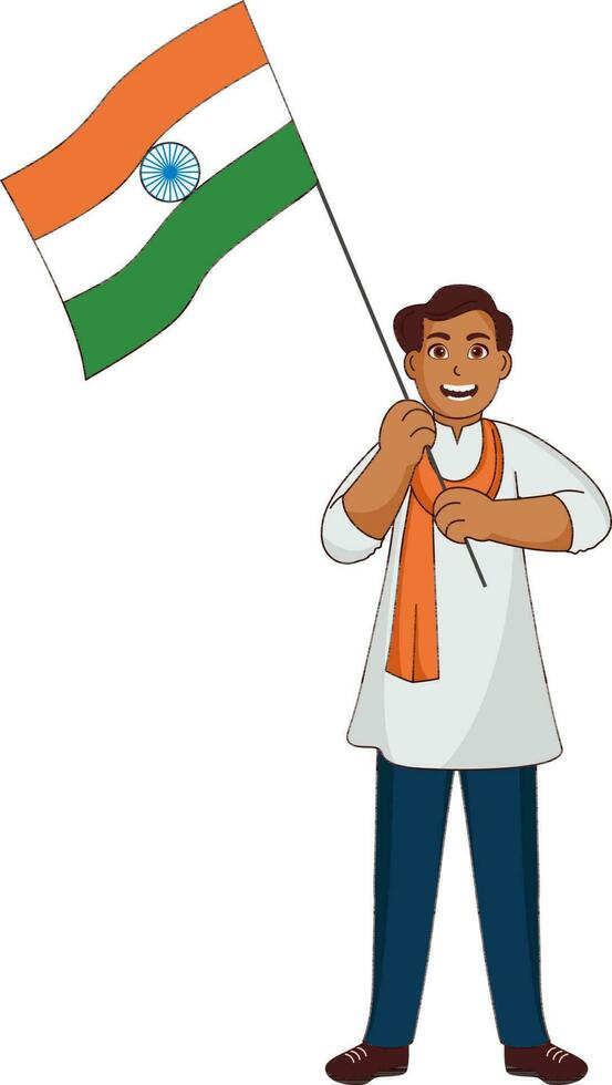 Indian Young Man Holding National Flag In Standing Pose. vector