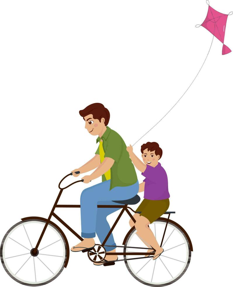 Young Man And Boy Riding Bicycle Together With Flying A Kite. vector