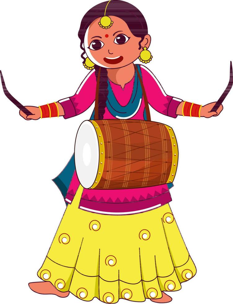 Punjabi Girl Playing Dhol Instrument In Standing Pose. vector