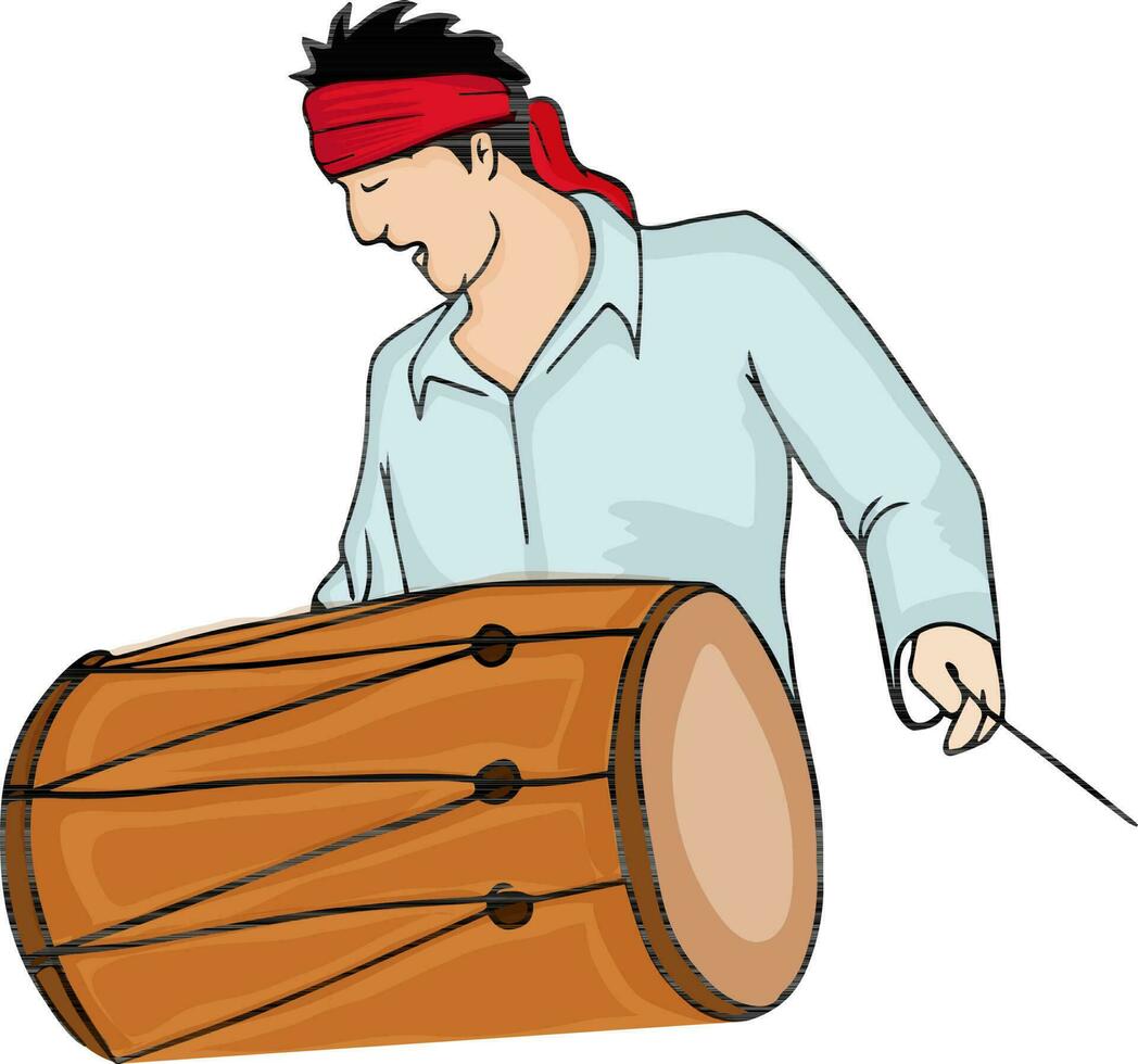 Young man playing drum, musical instrument. vector