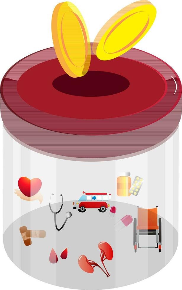 Medical charity box with golden coins. vector
