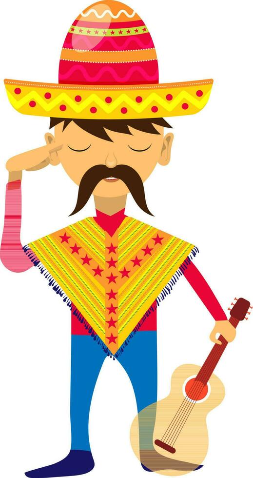 Character of man wearing mexican hat and holding guitar. vector