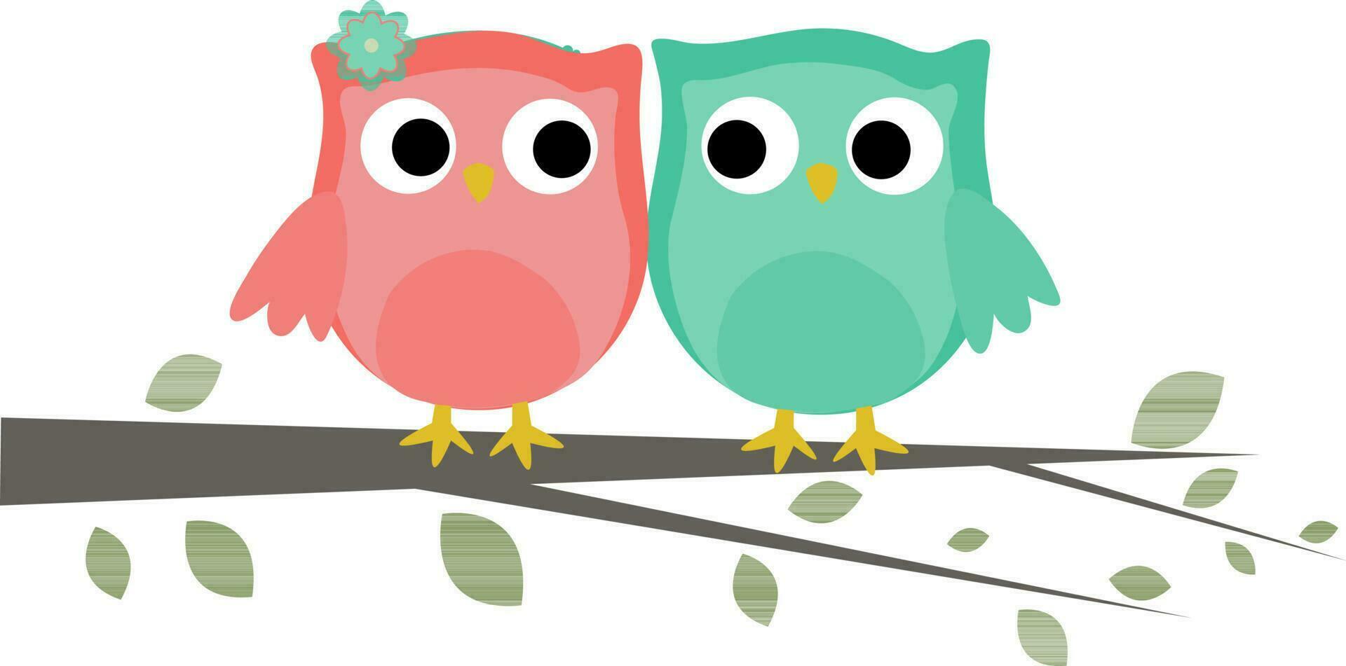 Two cute owls on the tree branch. vector