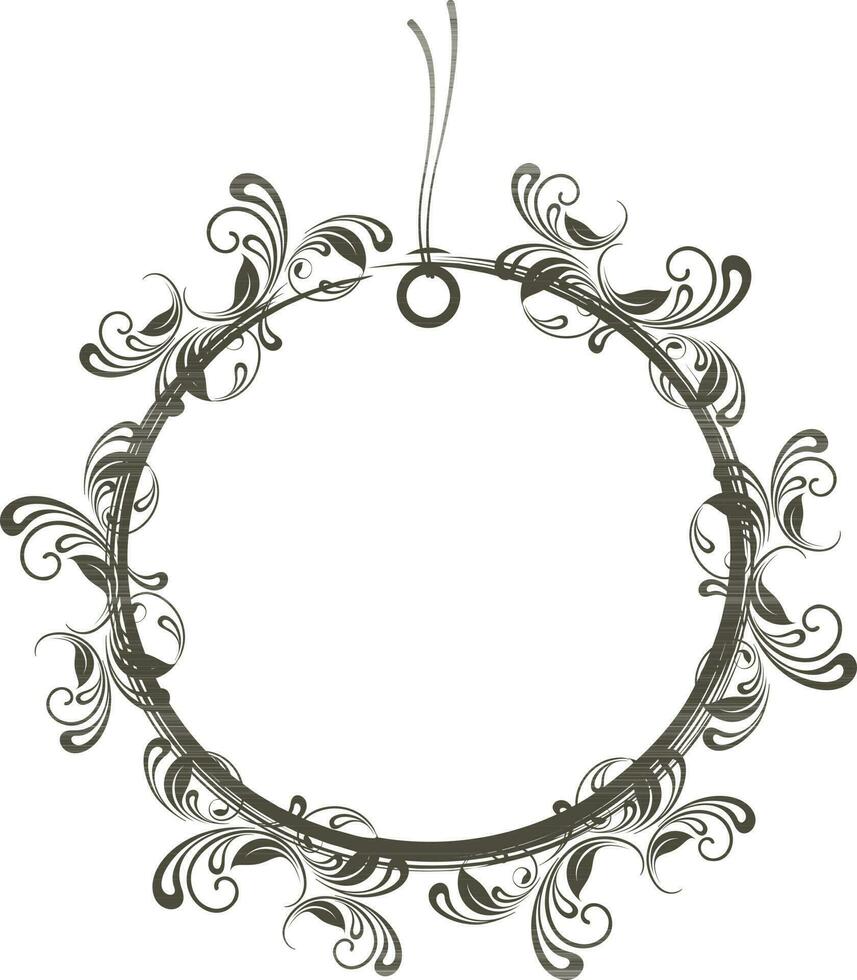 Gray floral design decorated round frame with thread. vector