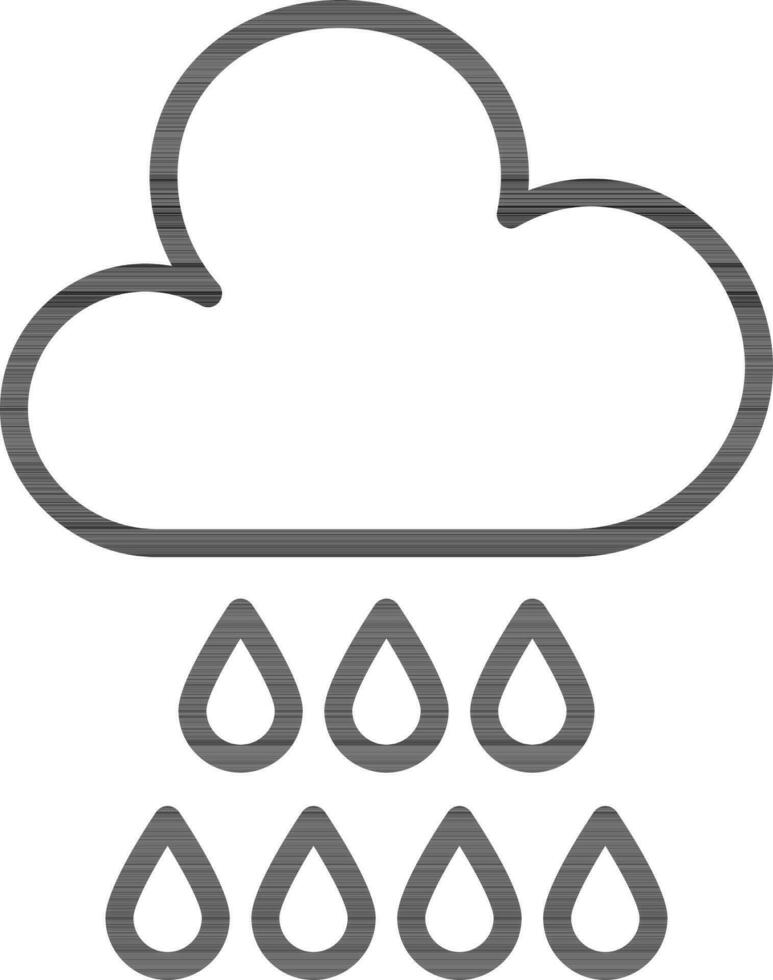 Raining cloud with drops in black line art. vector