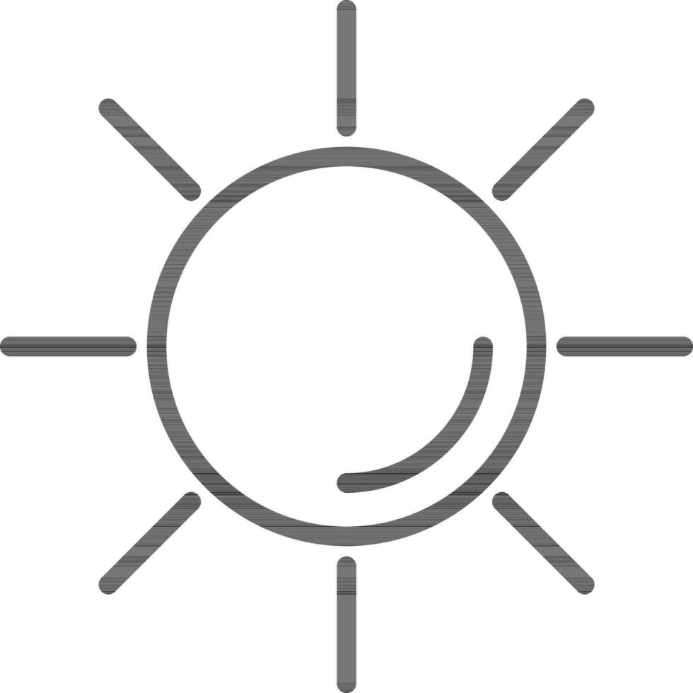 Flat style sun with rays in black line art. vector