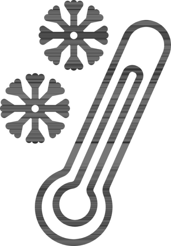 Black line art thermometer and two snowflakes. vector