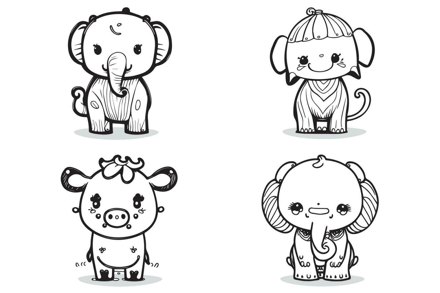 kawaii cute animal doodle icon set. hand drawing. vector illustration of a cow, elephant.
