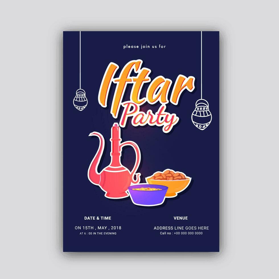 Hanging lantern and text Iftar Party on blue background. vector