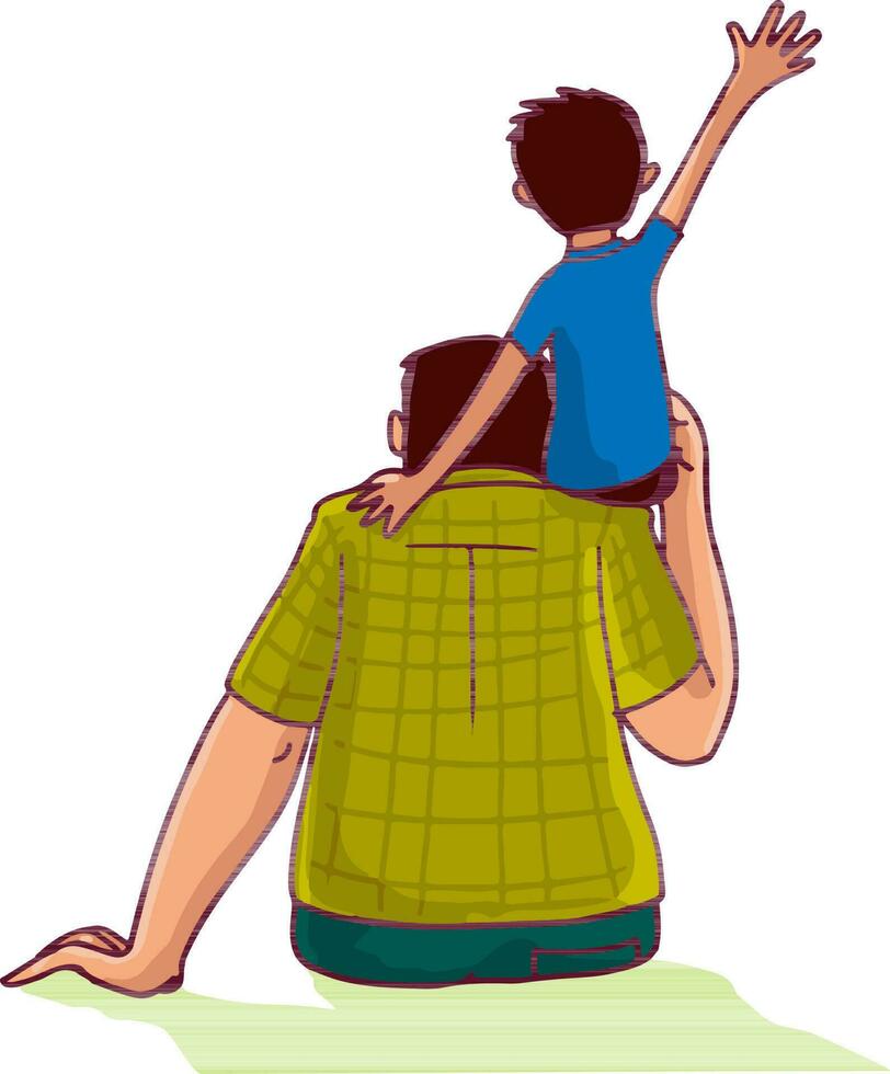 Cute son sitting on his fathers shoulder. vector