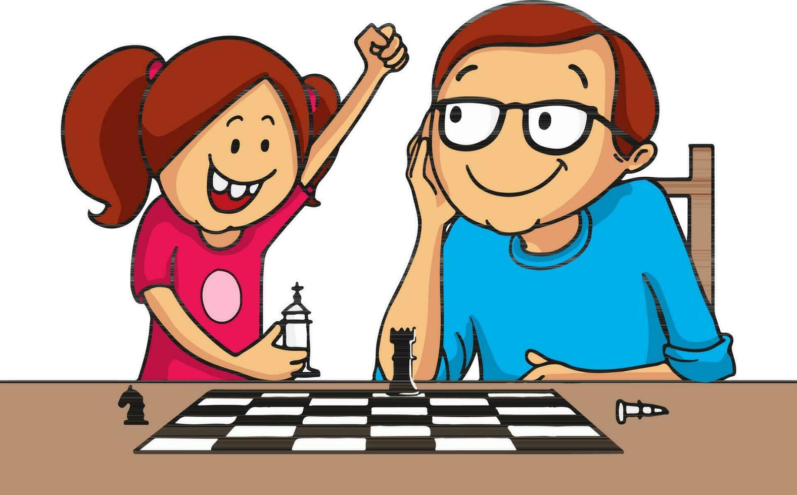 Father and daughter playing chess together. vector